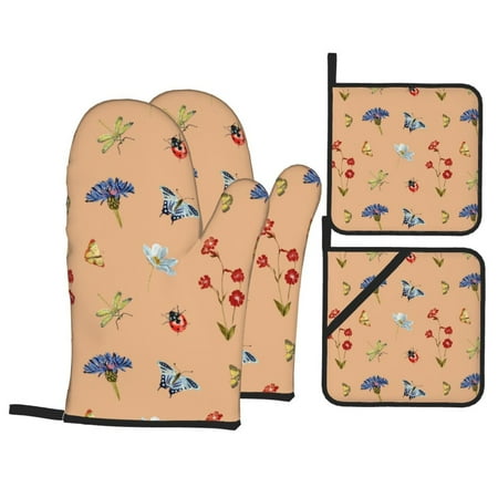 

Oven Mitts and Pot Holders 4 Piece Butterflies Flowers Ladybugs High Heat Slip Resistant Oven Mitt and Trivets Set Kitchen Oven Glove Pot Holders for Cooking Baking Grilling