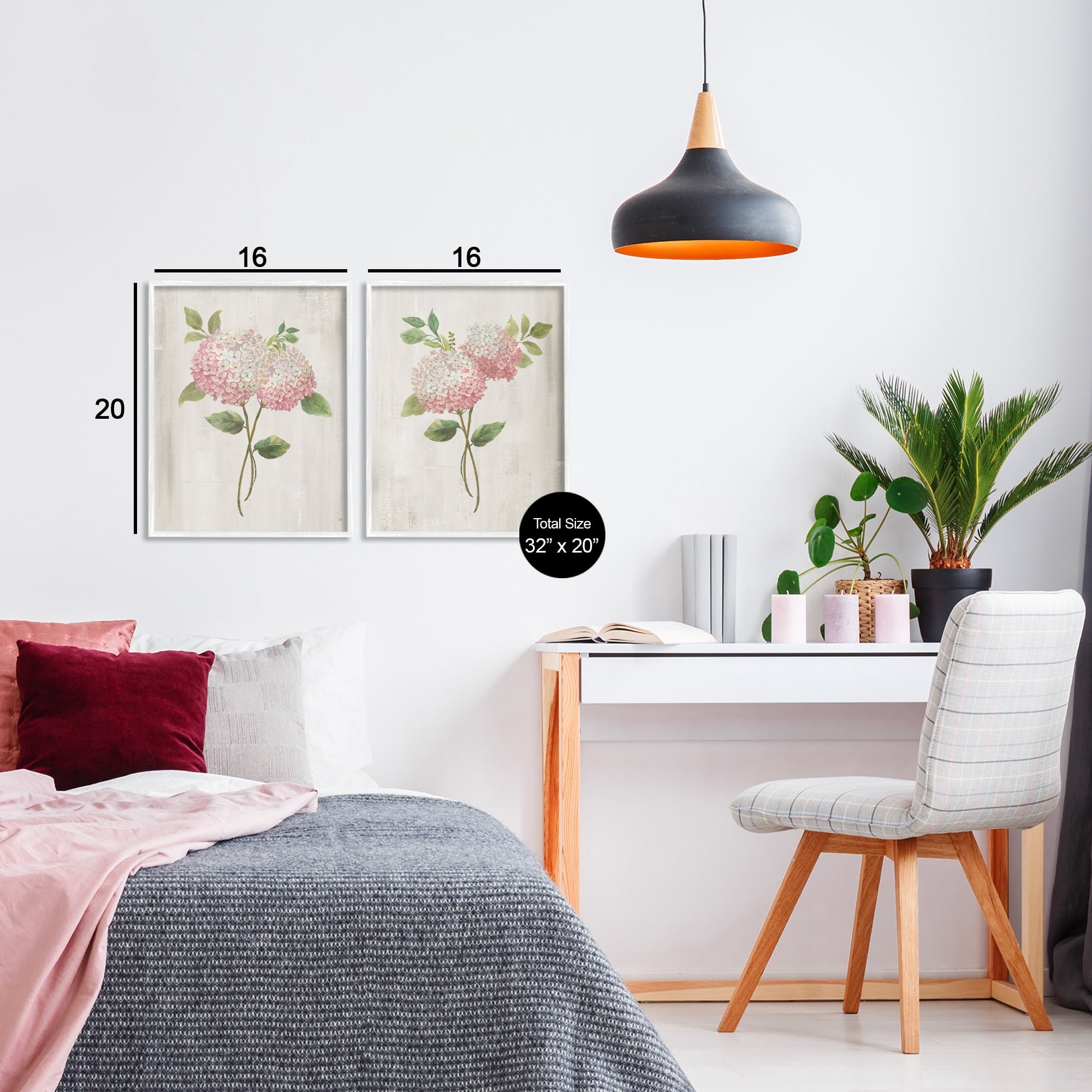 Stupell Industries Vintage Pink Hydrangea Pairs 2 Piece White Framed Giclee Art Set, design by Nan