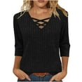thumbnail image 2 of BiZtdJrK 3/4 Sleeve Tops for Women Ribbed Knit Fall Sweaters Dressy Crossover V Neck Pullover Blouse Going Out Tunic, Black, L, 2 of 8