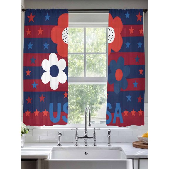 Independence Day Sheer Curtains 2 Panels Set, USA Cartoon Blue Red White Flowers Colorful Stripes Light Filtering Rod Pocket Voile Drapes, Window Sheer Curtains for Living Room/Bedroom, 52'' Wx72'' L