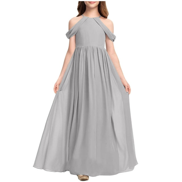 Ashirexll Robes Filles Sans Manches Col Rond Couleur Unie Robe en Tissu Chiffon Longueur Longue Argent 4-5 Ans