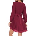 thumbnail image 6 of Aiyino Women's Dress Deep V-Neck Long Sleeve Waist Tie Ruffle Mini Swing Skater Dresses,Wine Red, 6 of 6