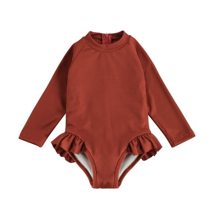 

Suanret Toddler Baby Girls Long Sleeve One Piece Swimsuit Zipper Rashguard Swimwear Ruffle Beach Wear Bathing Suit Dark Orange 3-4 Years