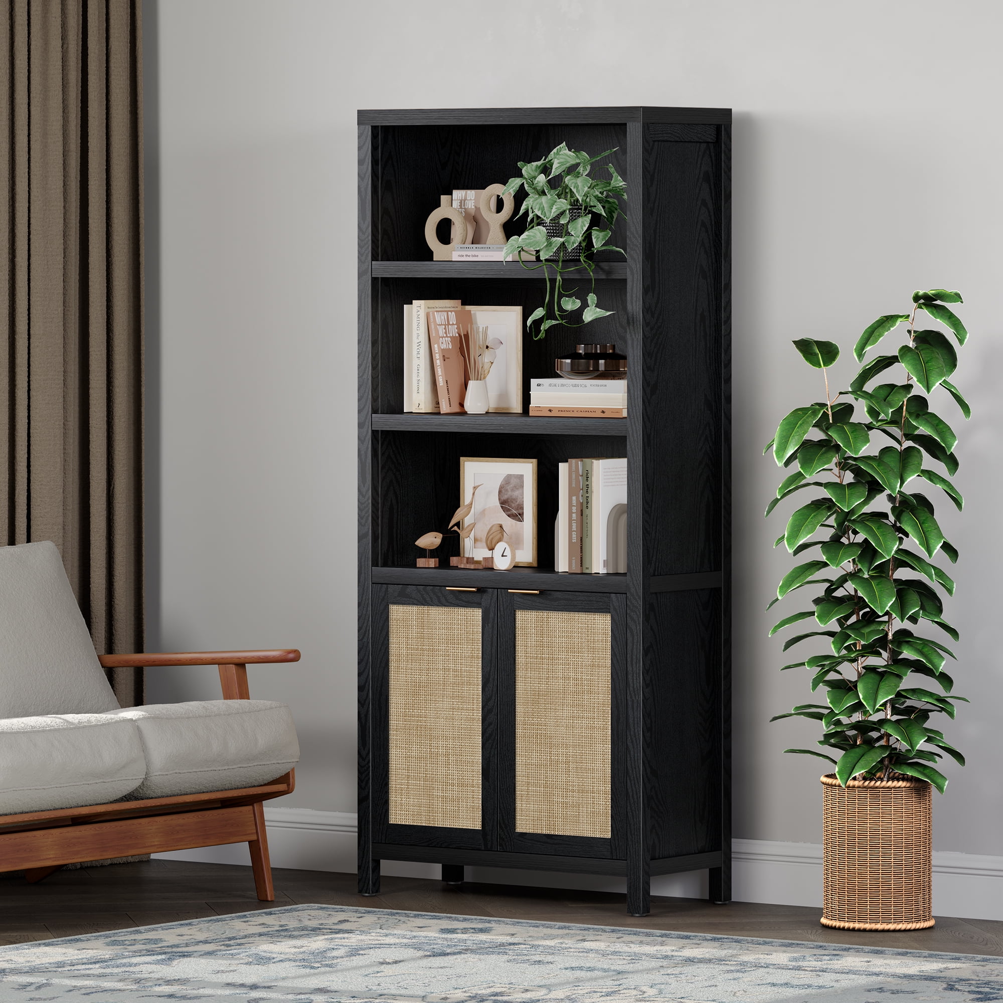 SICOTAS Rattan 5 Tier Bookshelf Set, Black 5-Shelf Library Bookcase