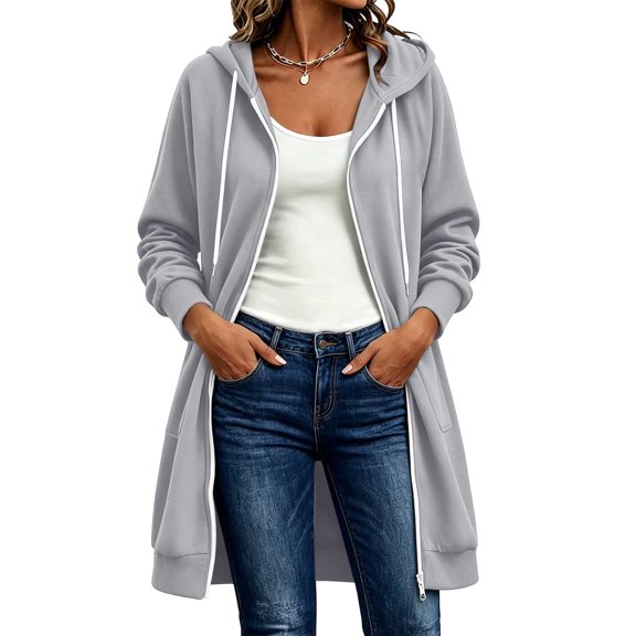 ClodeEU Women's Drawstring Zip Up Long Sleeve Hoodie Sweatshirt with Pocket ,Casual Loose Long Outcoat Gray^,Women's Plus XXL