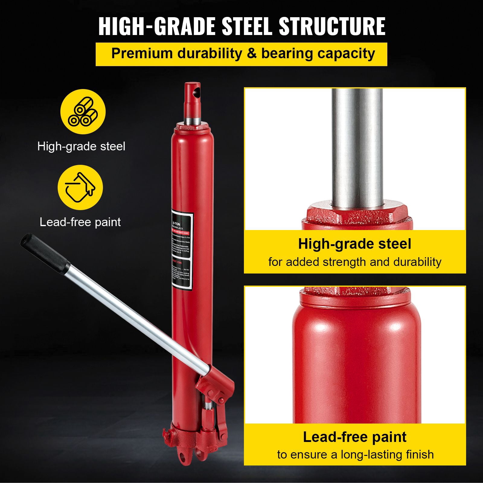Hydraulic Long Ram Jack, 3 Tons/6600 lbs Capacity, with Single Piston Pump and Clevis Base, Manual Cherry Picker with Handle, for Garage/Shop Cranes, Engine Lift Hoist, Red (Only Jack)
