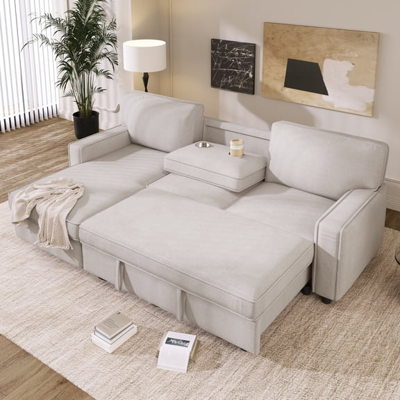 Miekor Furniture Upholstery Sleeper Sectional Sofa with Storage Space, USB port, 2 cup holders on Back Cushions 8AAA