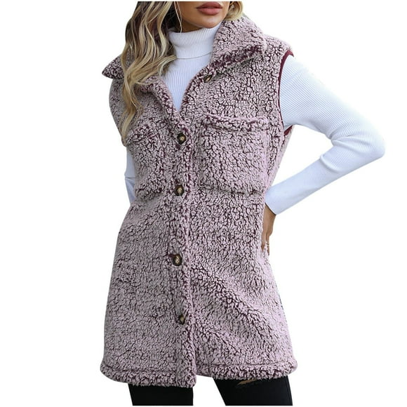 Virmaxy Women's Fleece Vests Vest Solid Color Lapel Warm Plush Vest Sleeveless Long Loose Casual Vest Winter Warm Vest For Women Red XS