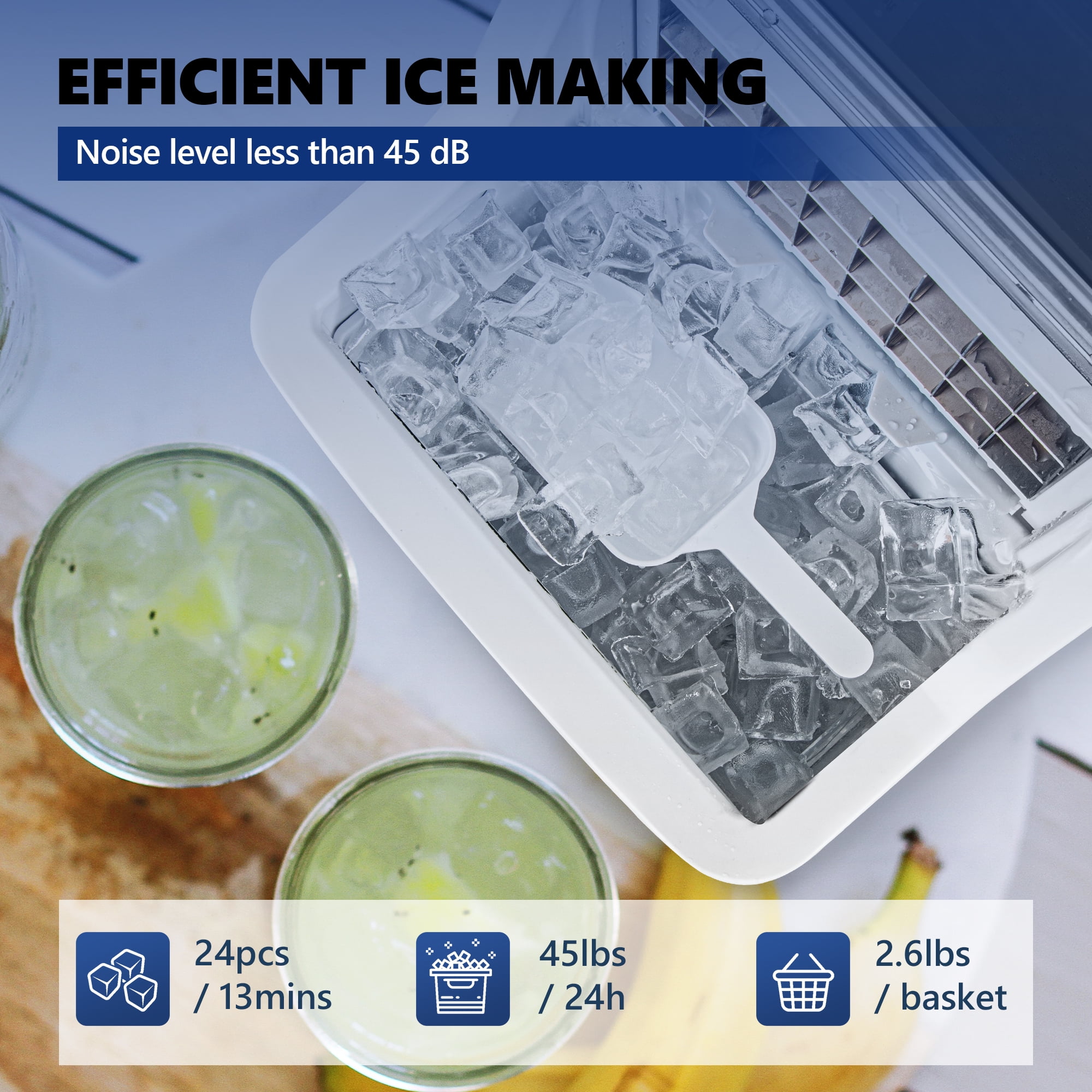 Simzlife Countertop Ice Maker Machine 45lbs/24H 24 Crystal-Clear Square Ice Cubes Ready in 9 Mins, One-Touch Self-Cleaning Ice Machine for Home, Kitchen, Office