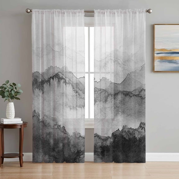 Sheer Curtains 63 Inch Length 2 Panels Set for Bedroom, Black Ombre Mountain Semi Sheer Curtains for Windows, Nature Abstract Art Marble Gradient Voile Window Treatments Rod Pocket Curtain