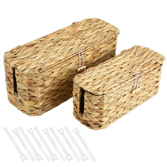 Armscye 2 Pack Wicker Cable Management Box with Lid, 15'' / 12'' Cable Organizer Box and Power Strip Box with 10 Ties, Under Desk Cord Hider and Floor Cable Management for Electrical Cord Management