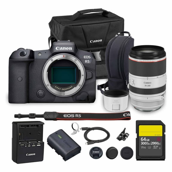 Canon EOS R5 Mirrorless Camera | 45MP Full Frame Sensor 8K Video | In-Body Image Stabilization and Dual Pixel AF for Hybrid Creators (4147C002)   Canon RF 70-200mm Lens   64GB Card   Bag