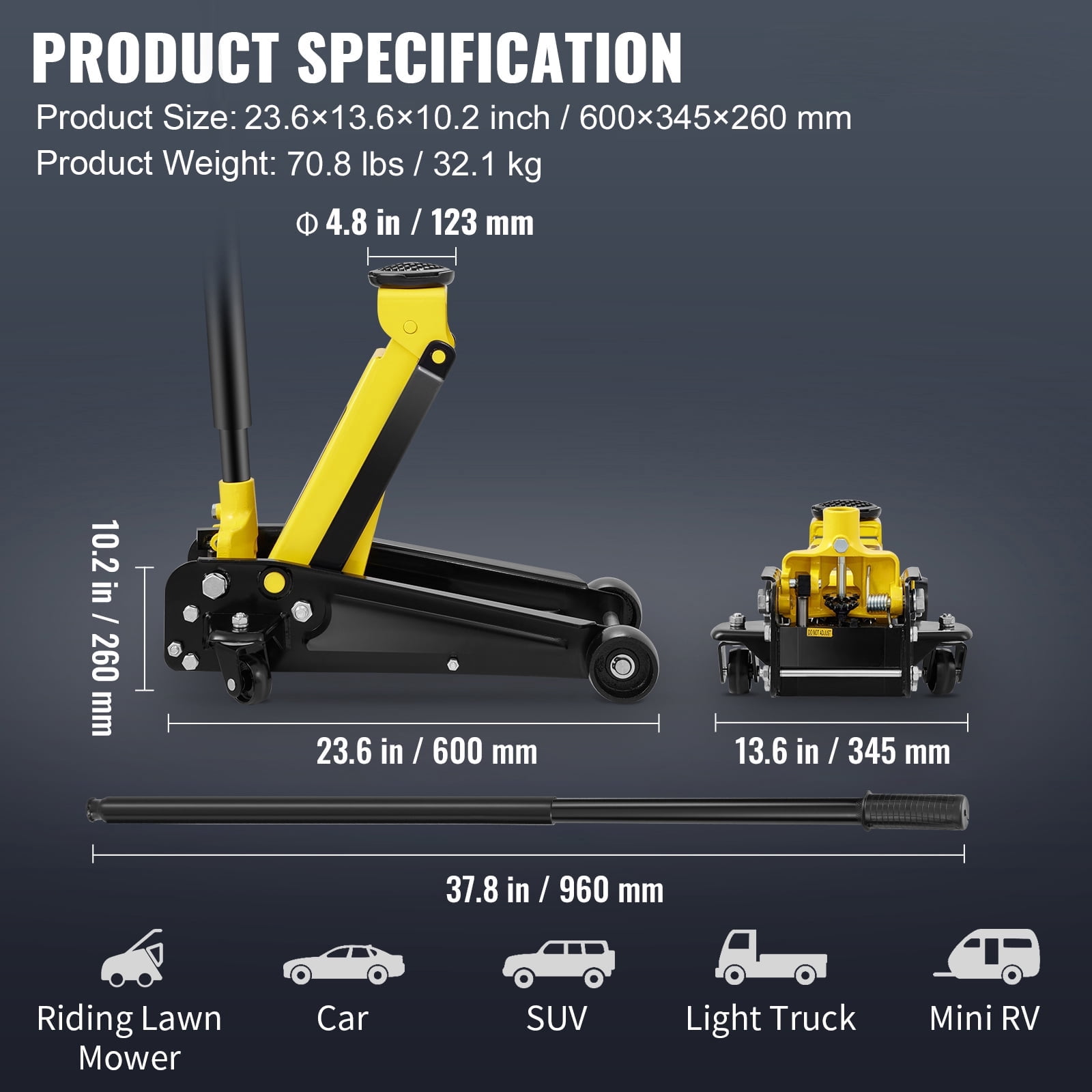 KFFKFF Low Profile Floor Jack, 3 Ton Capacity, Durable Steel Construction Racing Jack, Equipped with Efficient Single Piston Quick Elevating Pump, Adjustable Height from 5.12 inches to 20 inches