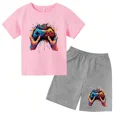 thumbnail image 3 of Conjunto de camiseta y pantalones cortos con estampado de máquina de juego de arte de grafiti para niños, moda de verano, informal, de manga corta, para niños y niñas, 3 of 5