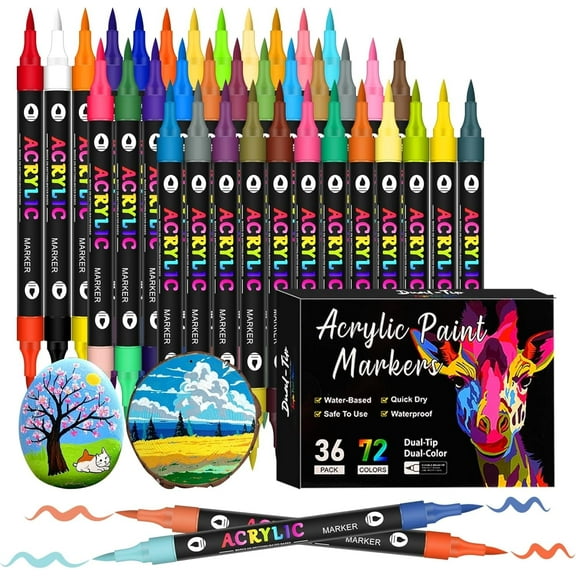 Acrylic Brush Markers, 72 Colors Art Pens, Dual Tip Paint Markers for Wood, Coloring Books, Fabric, Ceramic, Glass(with Coloring Book)