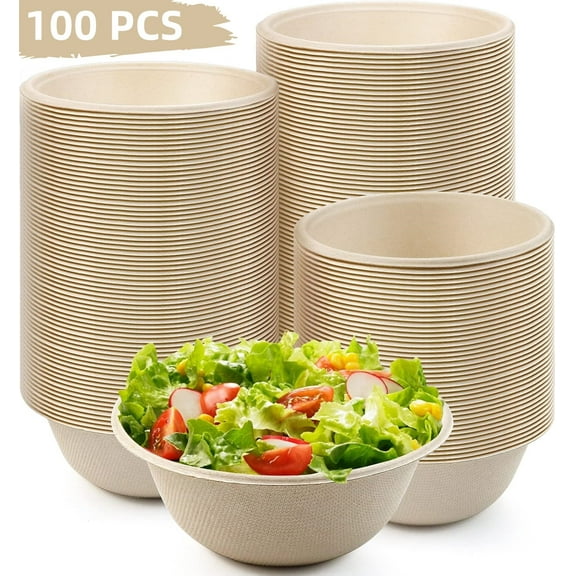 100 Pack Disposable Salad Bowls 16 Oz Deep Heavy Duty Paper Bowls Sugarcane Fiber Compostable Biodegradable Microwave Safe for Hot Cold Soup Ramen Popcorn Pasta(16 Oz,Natural Color)