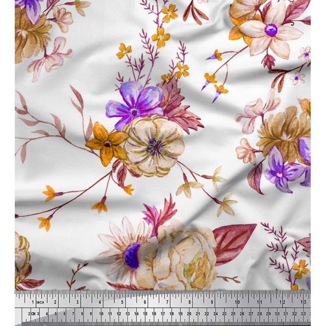 Soimoi Purple Satin Silk Fabric Leaves & Floral Decor Fabric Printed BTY 42 Inch Wide