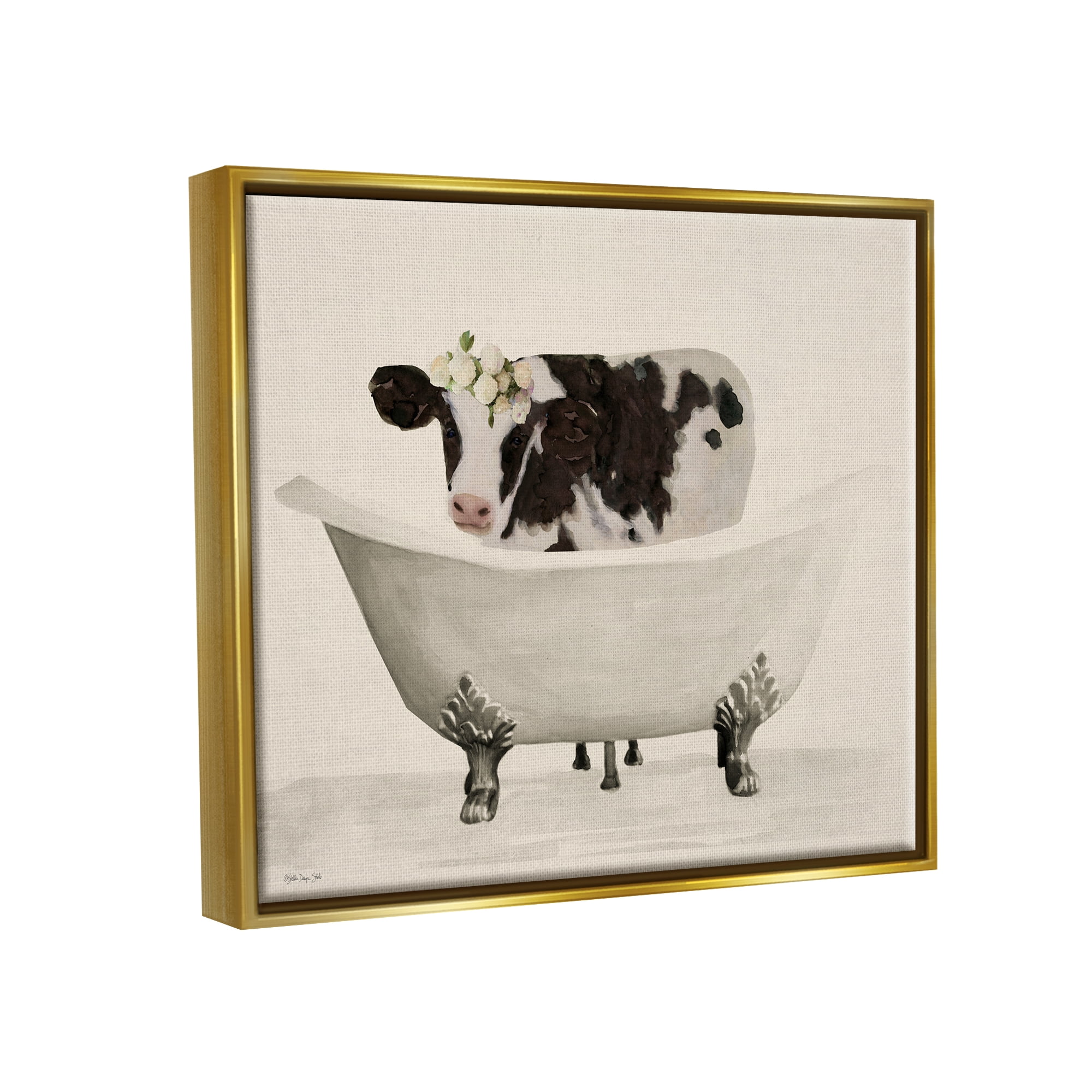 Stupell Industries Antique Bathtub Cow Animals & Insects Painting Gold Floater Framed Art Print Wall Art, 21 x 17