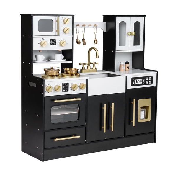 Patiojoy Kids Play Kitchen Set Wooden Cooking Toy with Lights & Sounds Stove Sink Faucet Oven Black
