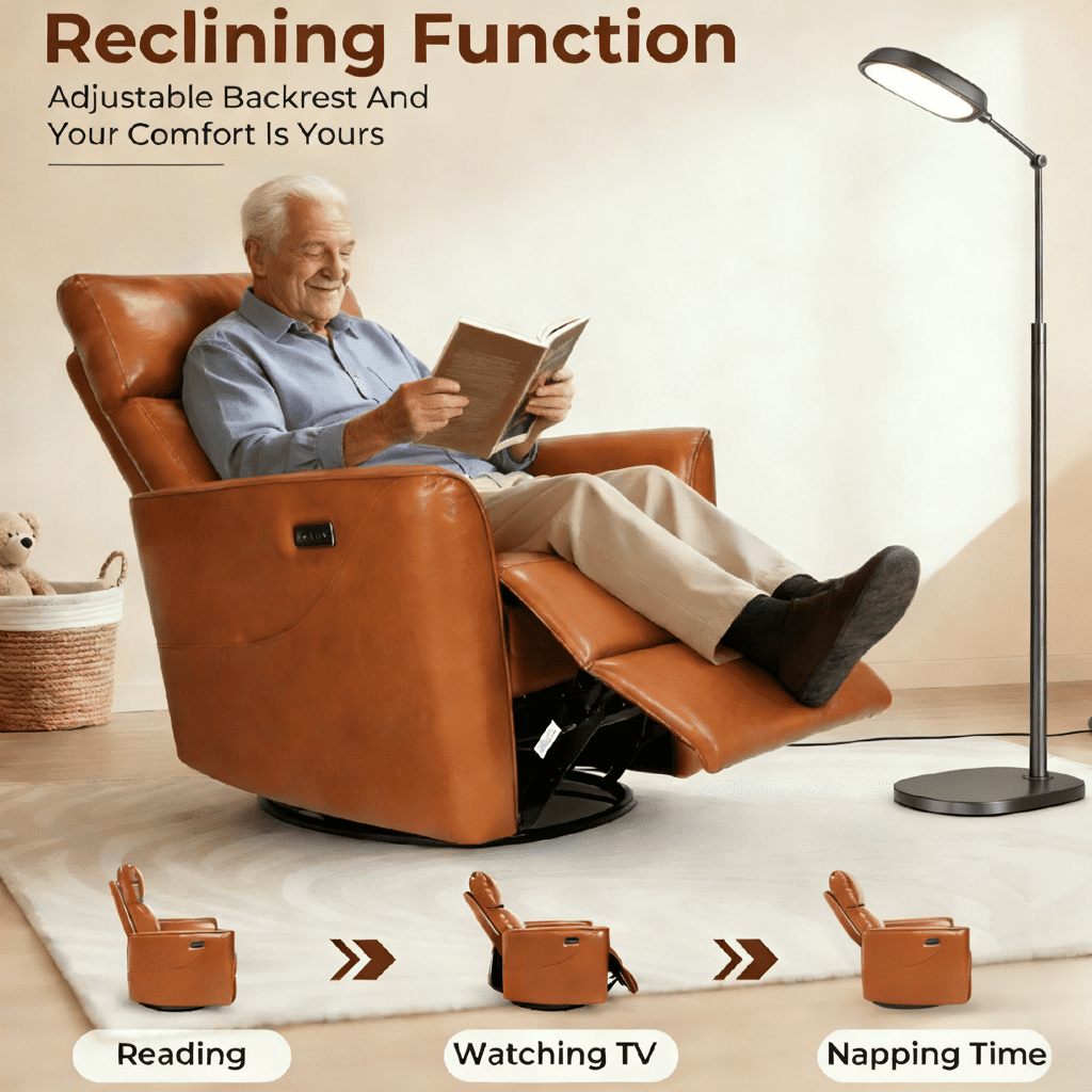 Legooin Multi-Function Power Recliner Chair with 8-Point Massage & Heat - 270° Swivel Rocker with USB Charging, Faux Leather Nursery Chair for Baby Adult, Orange Brown