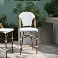 thumbnail image 6 of Emma + Oliver Set of Two Indoor/Outdoor 26" High Stacking Bistro Counter Stool with White and Gray Patterned Seat and Back and Bamboo Metal Frame, 6 of 12