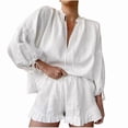 thumbnail image 4 of Sakmal Long Sleeve Womens Pajamas Shorts and Top White Leisure Cotton Pjs V Neck Solid Pajamas for Women, 4 of 5