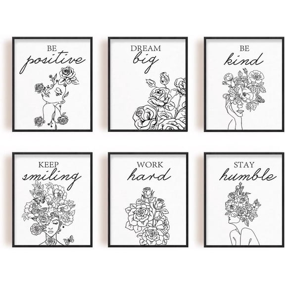 Minimalism Flower Canvas Prints Set of 6 Motivational Text Wall Decor Canvas Be Postitive Dream Big Wall Art Prints Woman Portrait for Living Room Girl's BedroomοΌNo Frame