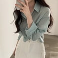 thumbnail image 4 of Mdesiwst Lapel Long Sleeves Buttons Placket Women Shirt Spring Solid Color Pleated Shirt Top, 4 of 6
