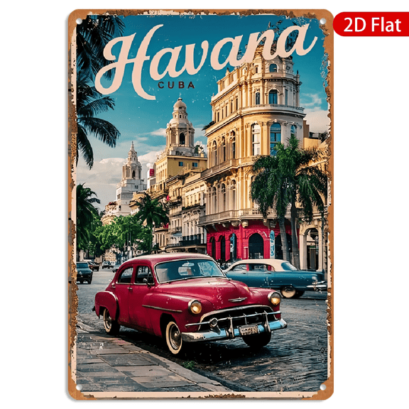 8x12 Inch Metal Wall Art, Vintage Havana Cuba Travel Poster with Classic Red Car and Colonial Architecture, Retro Distressed Decorative Sign 1pc for Home Office Bar Wall Decor