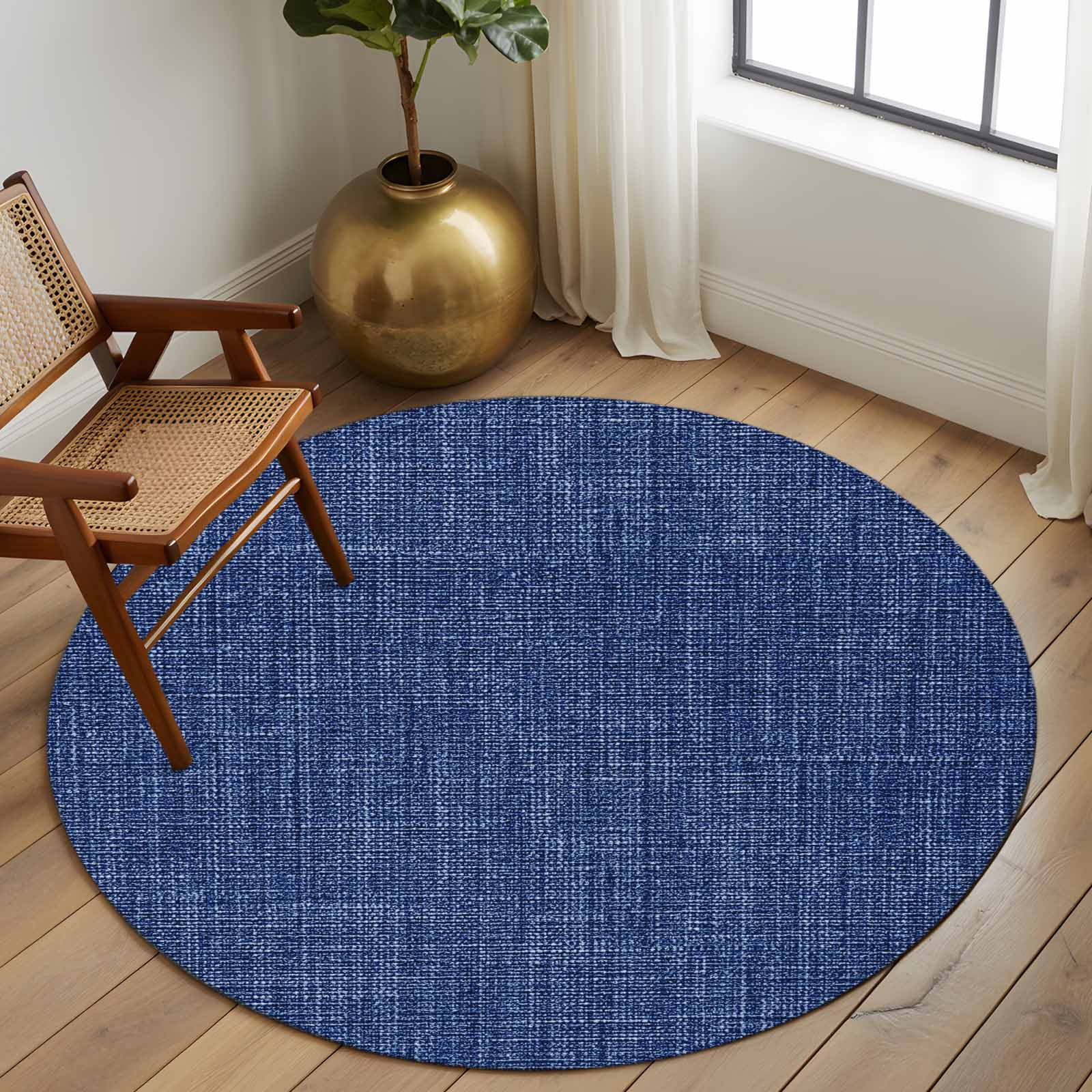 Vintage Navy Blue Round Area Rug 5 FT,Non Slip Bedroom Area Rug,Farmhouse Retro Dark Solid Color Linen Texture Washable Soft Circular Carpet Floor Mat for Kitchen Dining Room Foyer Balcony Dorm