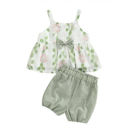 

Canrulo Toddler Baby Girls Summer Clothes Floral Print Strap Sleeveless Top Short Pants Outfits Green 2-3 Years