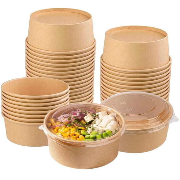 Galashield Disposable Bowls with Lid | Meal Prep Paper Bowls | To Go Salad Ramen Food Containers with Lids (33 oz - 50 Sets)