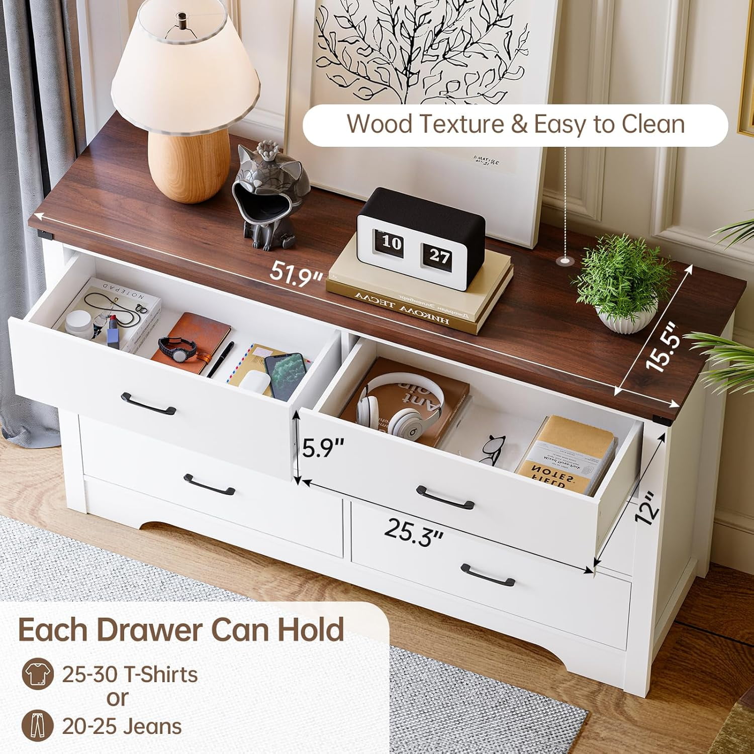 Farmhouse 6 drawer dresser for bedroom, 51" Wide chest of drawers, Wood white dresser with Metal Handle and Anti-Tipping Device, Storage Dressers Organizer for Bedroom, Living Room, Hallway, White