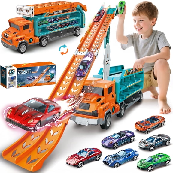 Huge Wave Toddler Truck Race Track Toys, Carrier Truck Transport Toy, Foldable 2.8-Ft Race Track and 6 Die-Cast Race Car, Christmas Birthday Gifts
