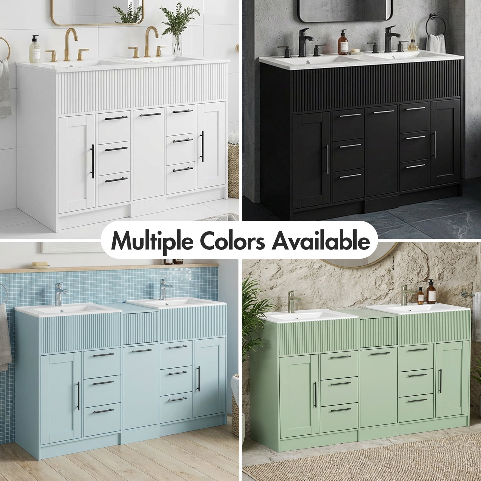Advwin 60" Double Sink Bathroom Vanity with Ceramic Basins, Modern Freestanding Bathroom Storage Cabinet with 7 Drawers & Soft-Close Doors, Black