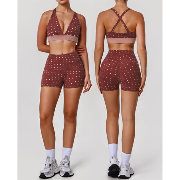 PISONIC Women's Padded Polka Dots Workout Set 2 Piece Color Block Bra Tank High Waisted Biker Shorts Matching Yoga Outfit