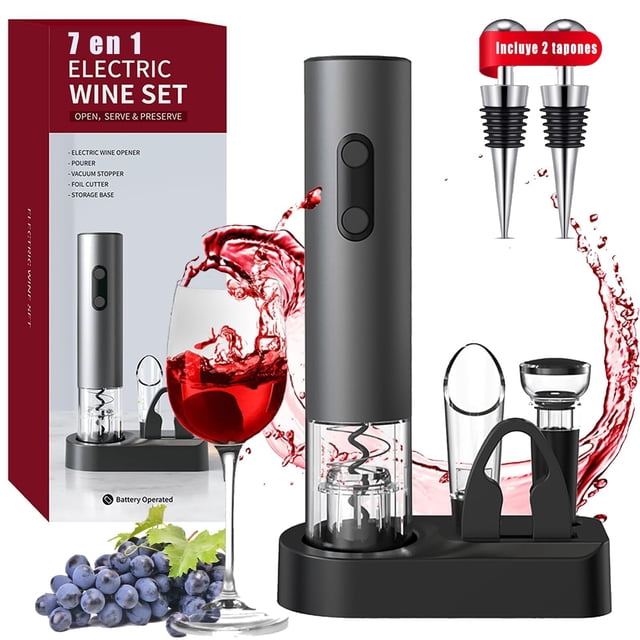 ESRAIN Sacacorchos Eléctrico, Con 2 Tapones de Botella, Destapa Corchos para Vino 7 en 1, Kit de Saca Corchos, Tapón Botella, Fiesta, Cita