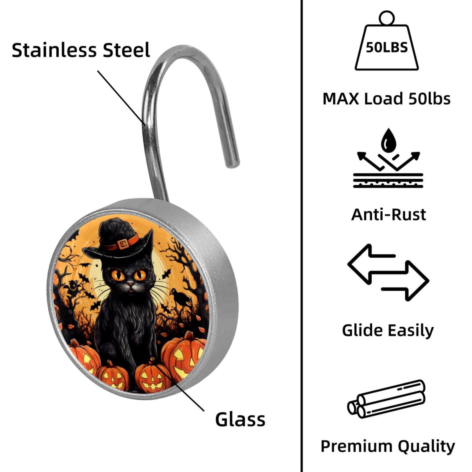 12pcs Decorative Shower Curtain Hooks, Rust Resistant Shower Rings for Bathroom Living Room,Rustproof Stainless Steel Rings for Shower Curtain and Liner Rods,Halloween Black Cat
