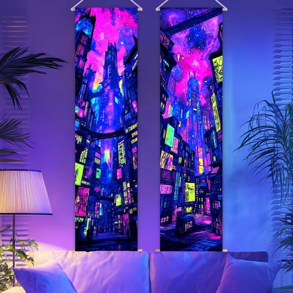 2 Pack Blacklight Skyscraper Tapestry Glow in the Dark Tapestry UV Reactive Neon Wall Hanging 12.9×51 Inch with Ropes Wooden Rods