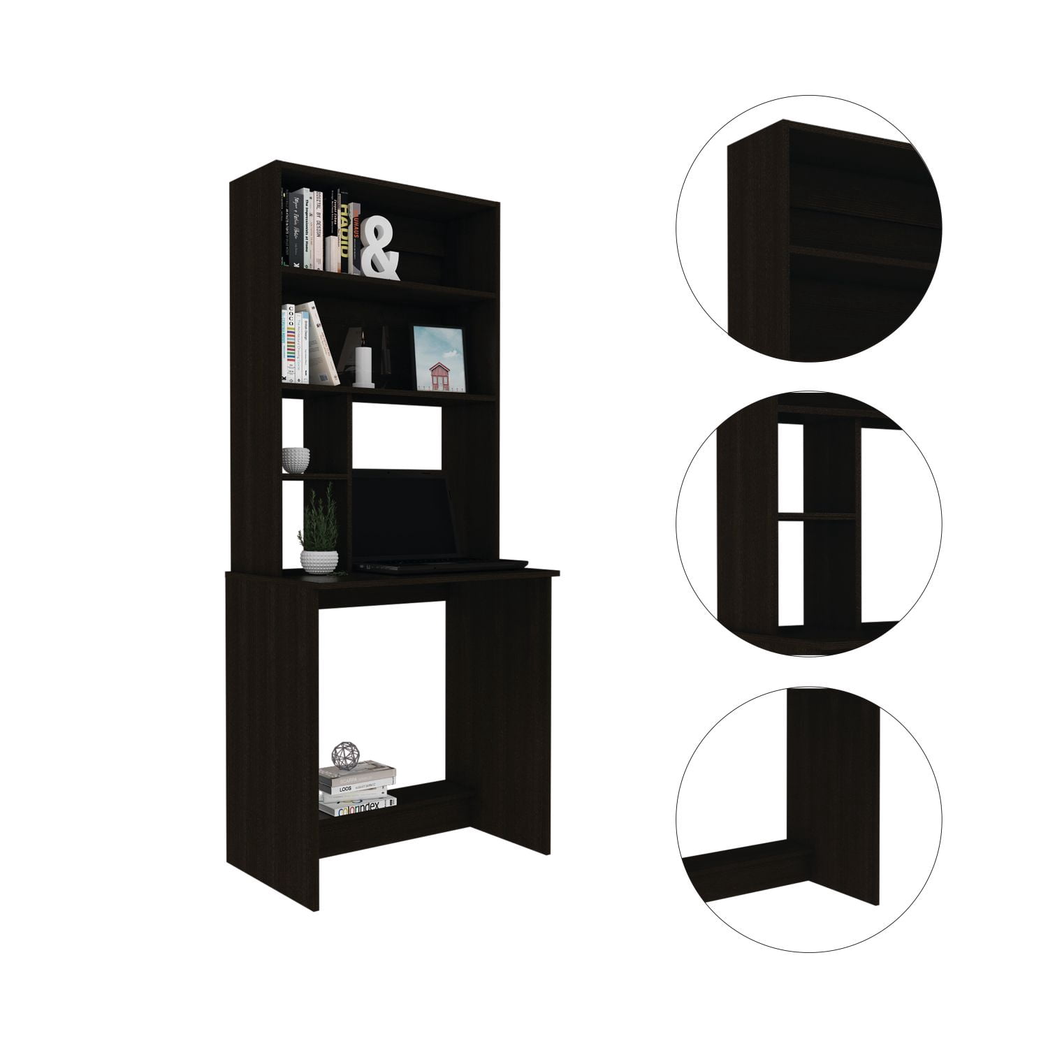 Asteroutdoor Wenge 4-Shelf Computer Desk with Hutch, Particle Board, 19.1 in L x 29.6 in W x 71.1 in H, Home Office Desk