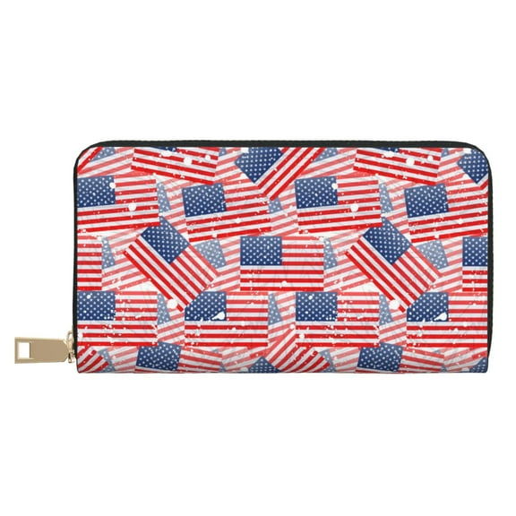 Leather Thin Slim Wallets for Women Men - America Flags Clutch Card Wallet for Women Men with Zipper