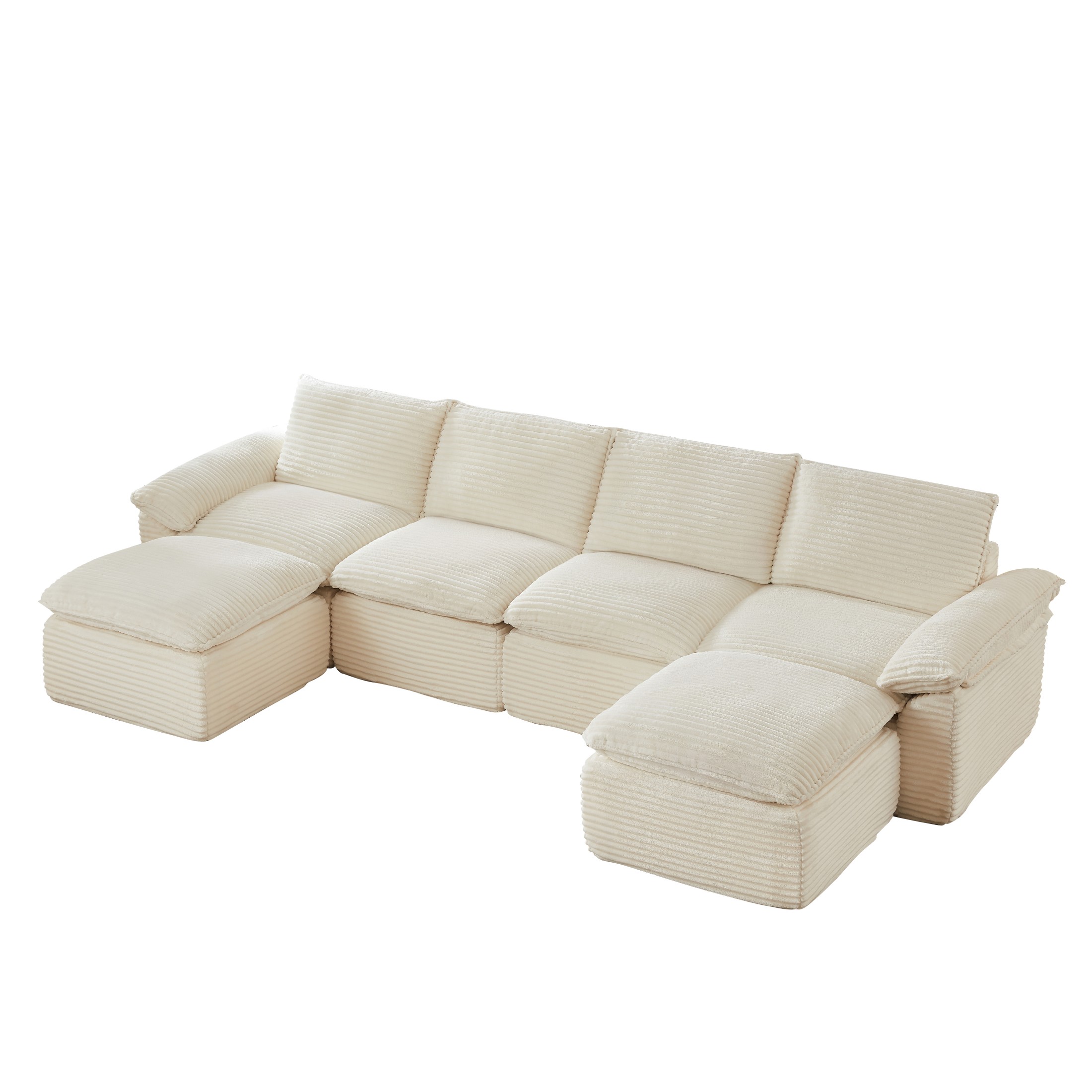 Aukfa 141.74" Oversized U-Shape Modular Sectional Cloud Sofa with Ottoman, Modern Comfy Deep Seat Corduroy Couch for Living Room, White