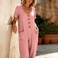 thumbnail image 4 of Women's Cotton Linen Solid‑Color Short‑Sleeve Jumpsuit U‑Neck Button‑Front Loose Baggy One‑Piece Pants with Side Pockets Pink M(M), 4 of 9