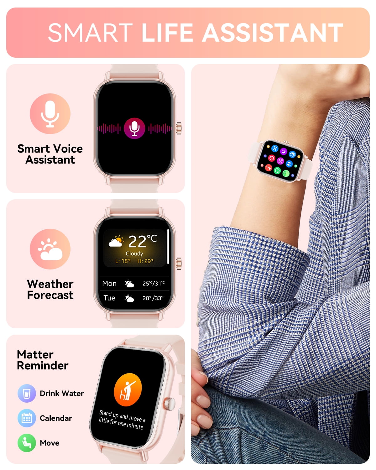 Haulvean 2025 New 1.85-inch Smart Watches for Women, with Answer/Make Calls/100 Sport Modes, Fitness Tracker Watch, Fits for Android and Iphone Devices（Pink）