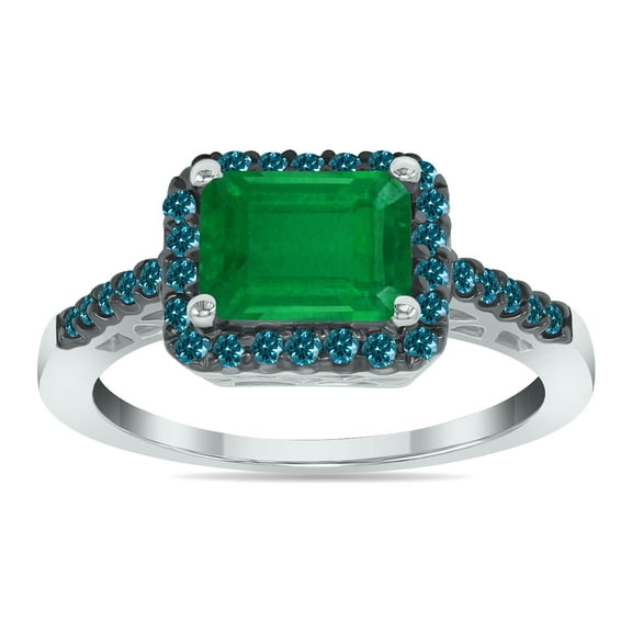 SZUL Women's 2 1/2 Carat Emerald Cut Emerald and 1/3 CTW Blue Diamond Ring in 10K White Gold