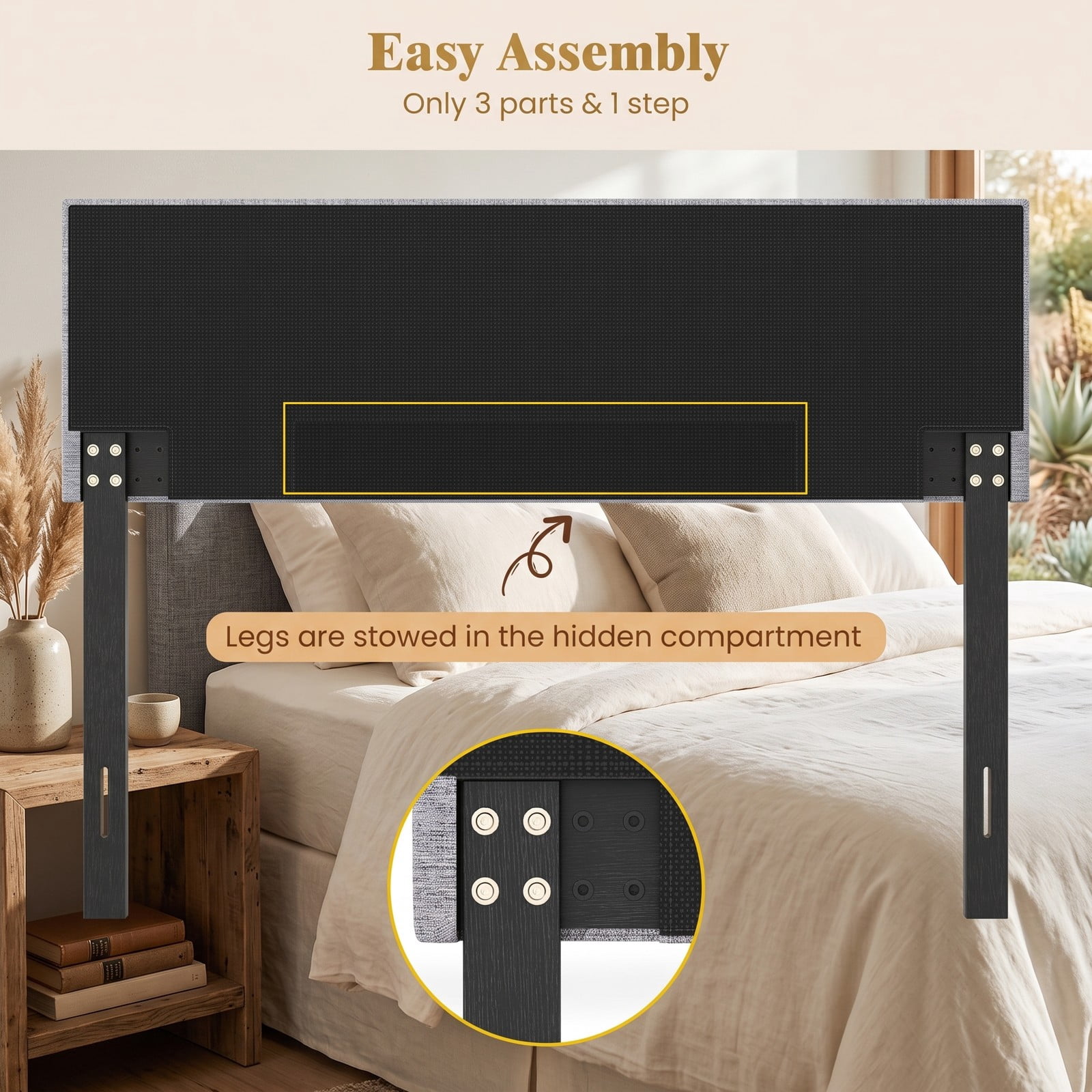 Furnibear Upholstered Headboard for Full and Queen Bed Frame, Quilted Grid Linen Panel with Adjustable Legs for Bedroom, Gray