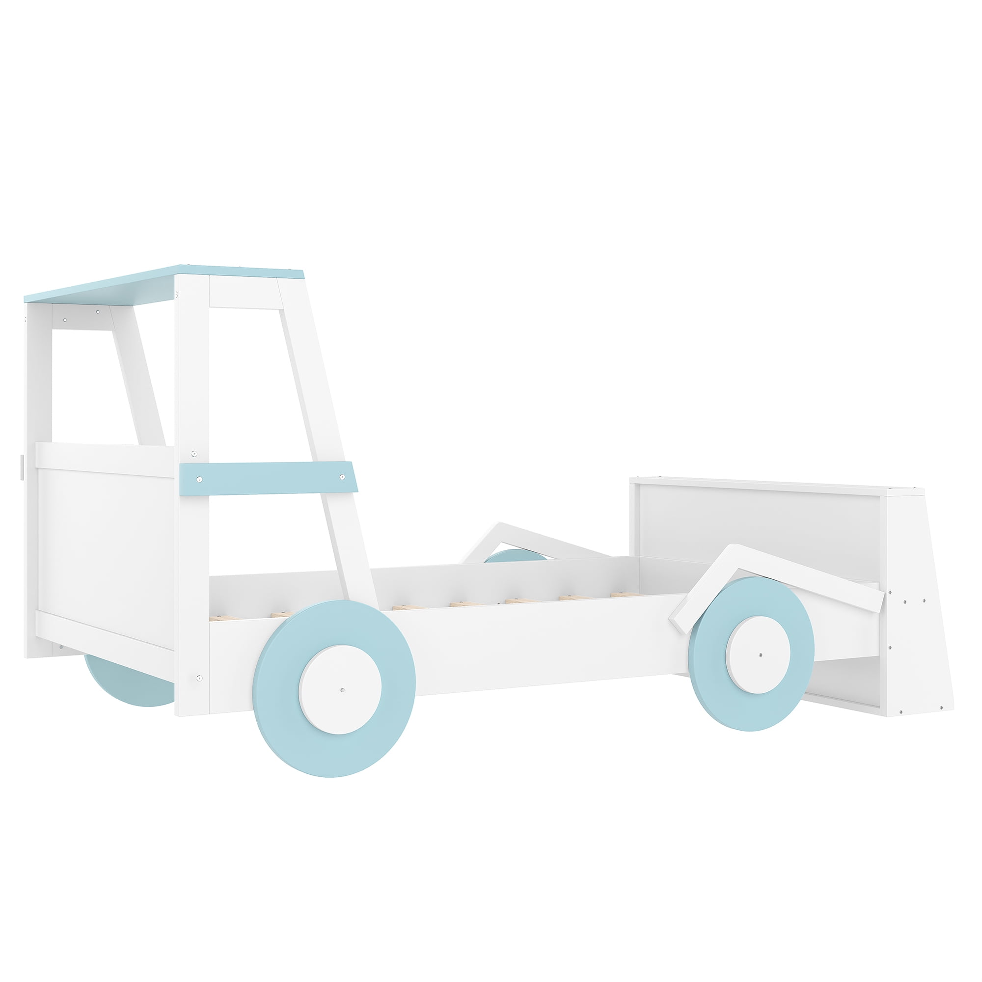 Mintazer Twin Car-Shaped Bed with Storage Shelves, Kids Platform Bed with Safety Rails for Toddler Bedroom, White & Blue