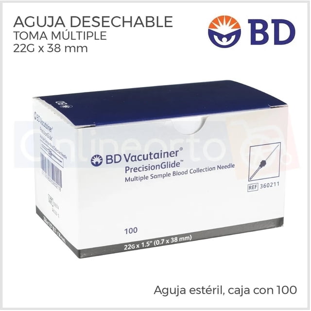 Aguja Vacutainer 22g X 38 Mm Bd Negra Caja Con 100 Pzas BV VACUTAINER AGJ360211N