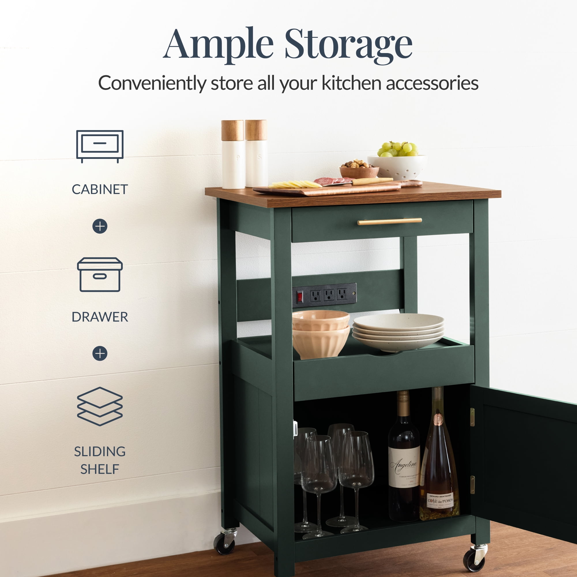 Best Choice Products Rolling Kitchen Island Cart, Cabinet W/ Drawer, Sliding Tray, Outlet, Wheels, Hooks - Forest Green