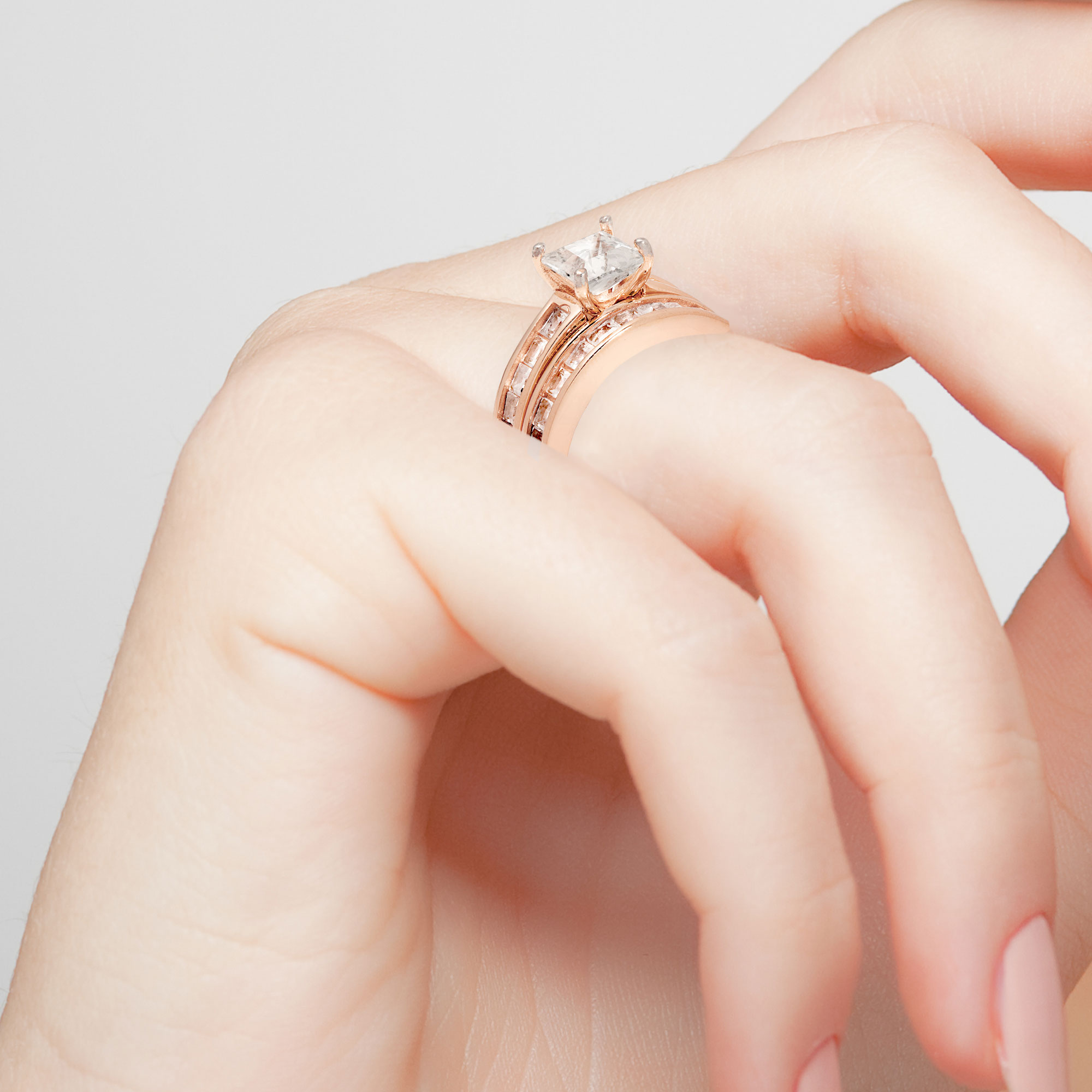 Vow & Forever Personalized Planet Bridal 14K Rose Gold over Sterling Silver Square White Topaz 2 Piece Engraved Wedding Set ,Women's